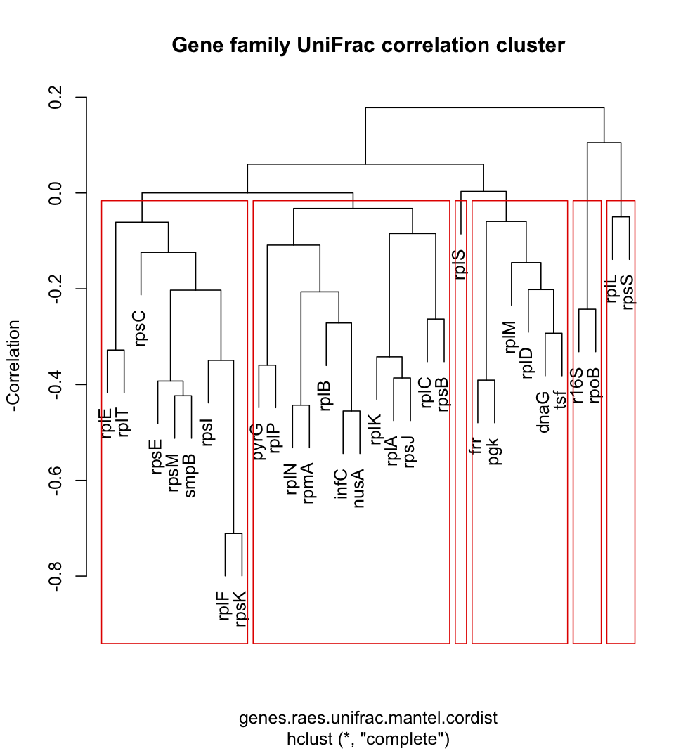 Cluster dendrogram identifying groups of gene families that provide concordant measures of phylogenetic beta diversity in the GOS data set