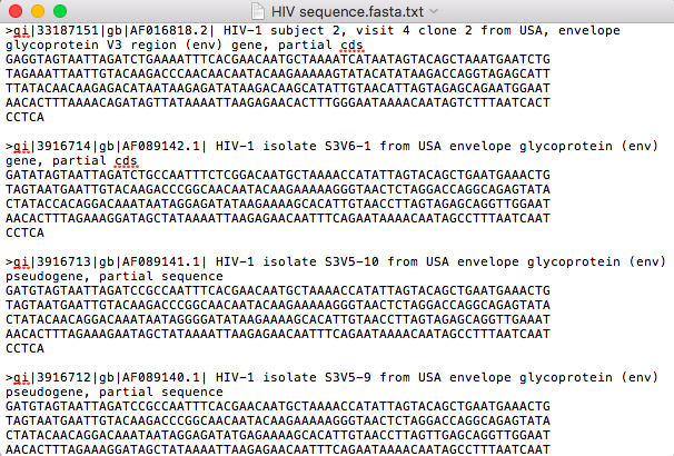 4 HIV Sequences in FASTA format