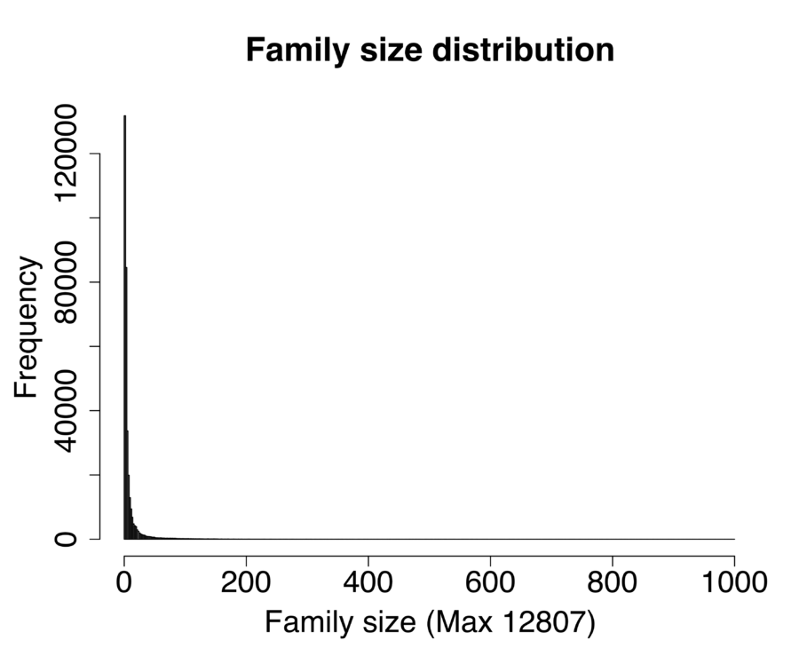 Family size distribution for all 345,000 families. Only 4 families (not represented here) have a size greater than the limit of the graph.