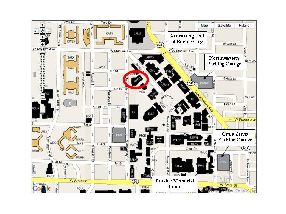 Our labs and offices are in the Robert Heine Pharmacy Building (red oval) on Purdue's main campus in West Lafayette. Public parking is available in the Grant Street Parking Garage or Northwestern Parking Garage.