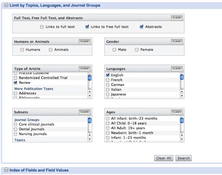 Screenshot of Search Parameters