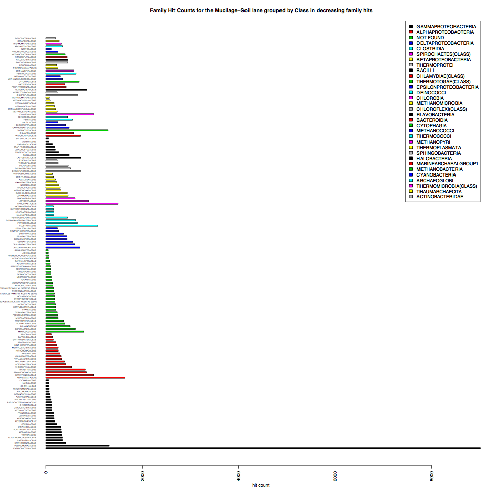 Simple Graphical representation of the family abundance for short reads from an Illumina lane. Each peak represents a family. Families are grouped and colored by Class shown in the legend. Species representation is possible but not readable if restricted to 1 page.